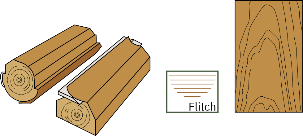 A diagram of a flat cut log, displaying the grain that is produced on sheet goods with this cut.