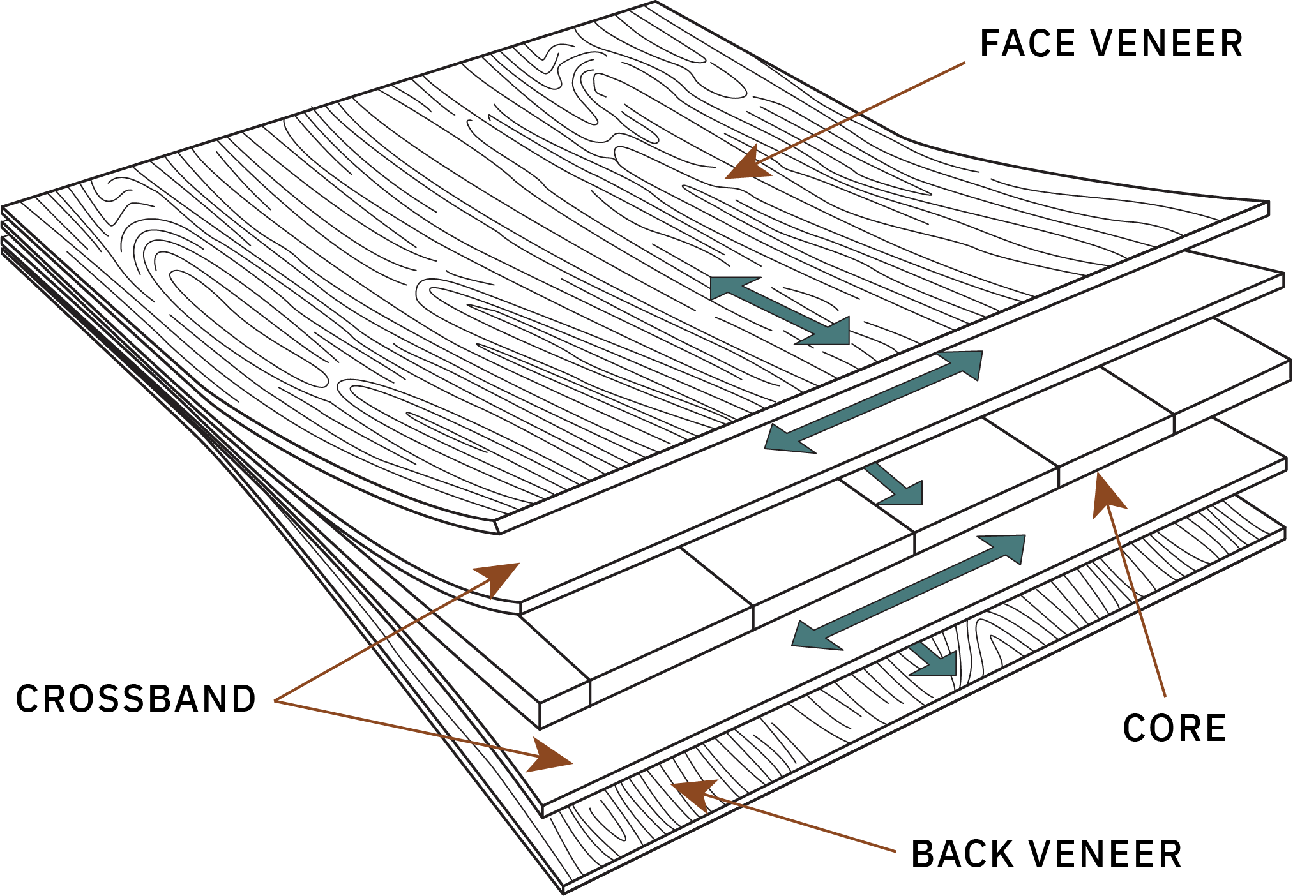 A diagram of the three different parts of plywood sheet goods.